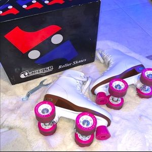 Pink and White Chicago Skates Roller Skates